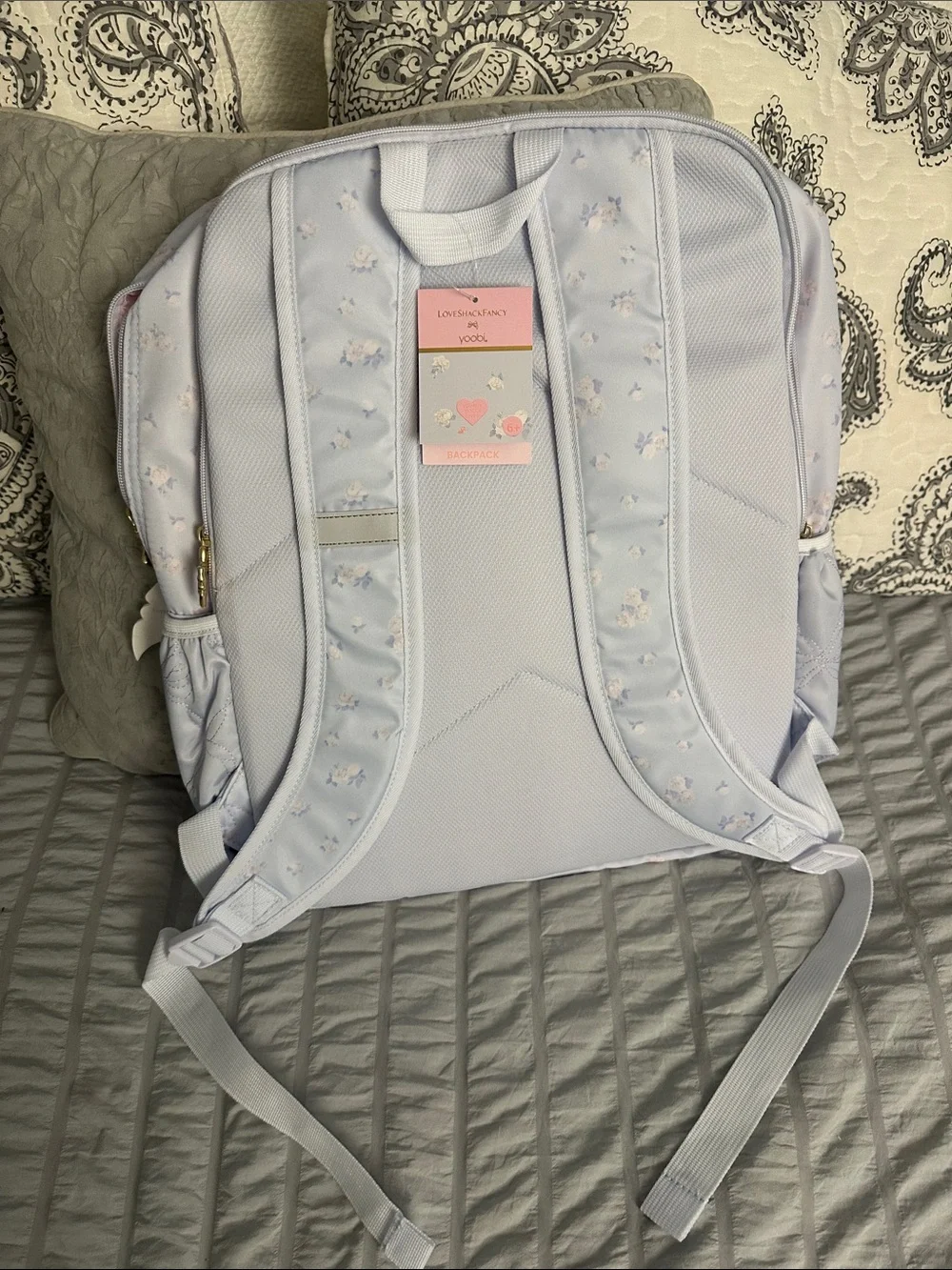 LoveShackFancy Lavender Quilted Floral Backpack with Bow Charm